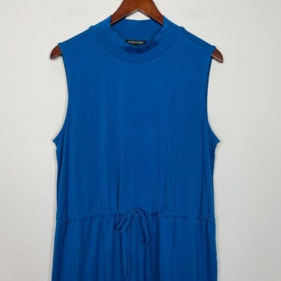 Eileen Fisher Mock Neck Tie Waist Sleeveless Knee Length Dress Marine Blue L - Picture 4 of 9